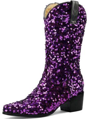 Women's Purple Sequin Sparkly Mid Calf Cowboy Boots Glitter Chunky Heeled